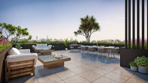 Rooftop view with seating and city views